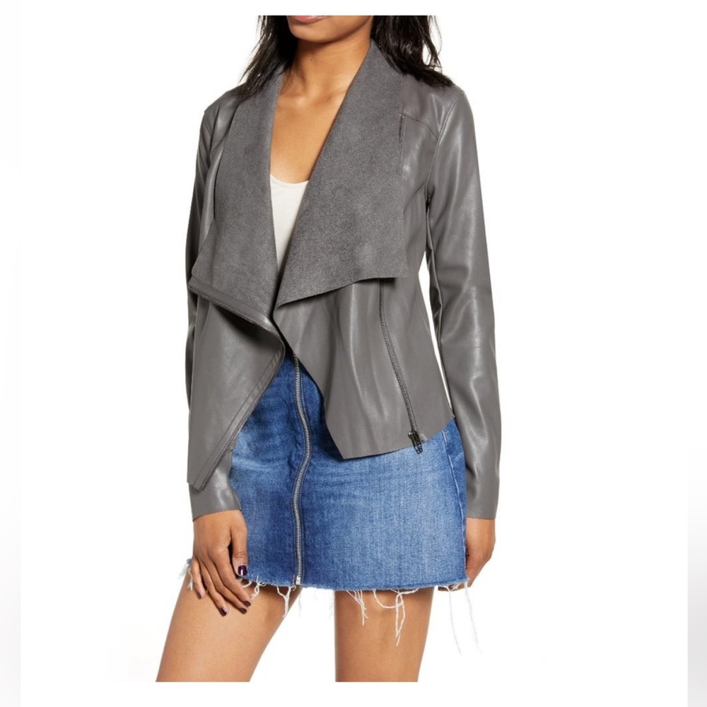 BLANK NYC ONTO THE NEXT FAUX LEATHER DRAPE FRONT JACKET - CHARCOAL GRAY